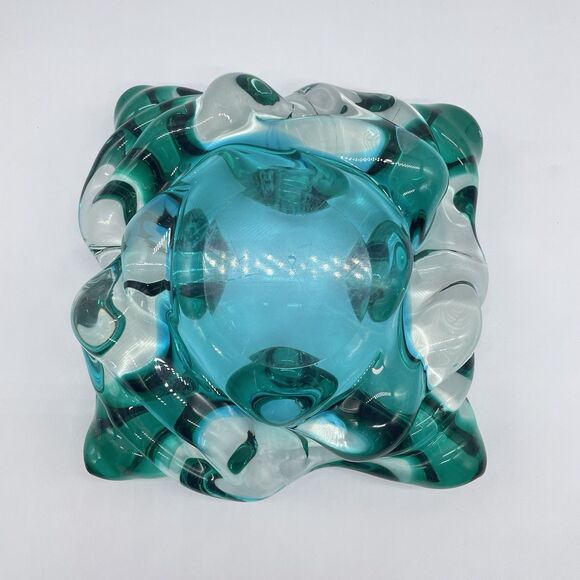 Murano Style Art Glass Ashtray Bowl Green Blue Sommerso Mid Century Heavy Piece - Picture 5 of 8